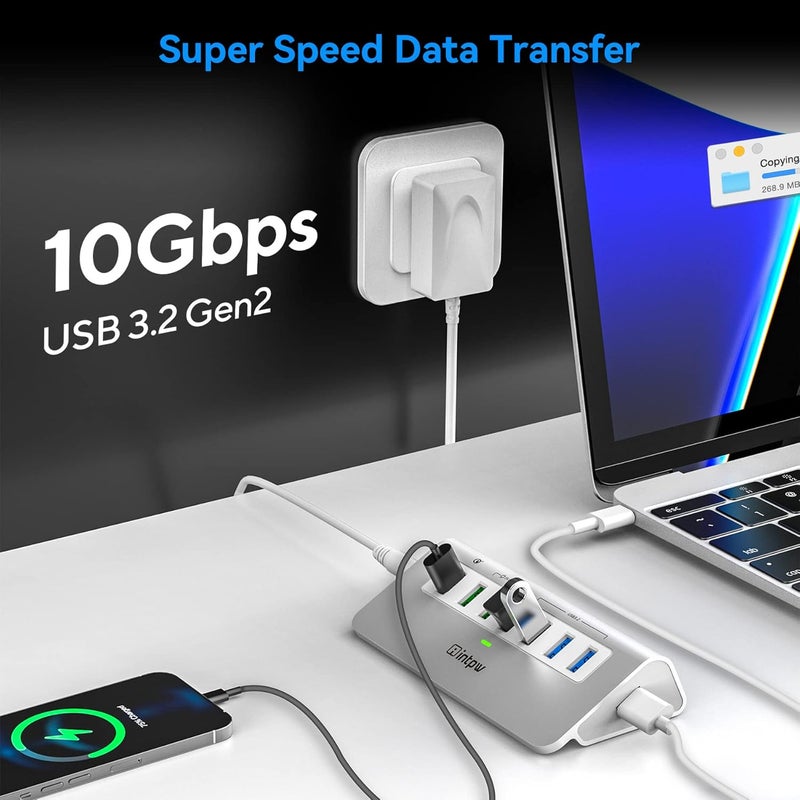 intpw Powered USB Hub 10Gbps, Aluminum 7 Port USB 3.2 Data Hub with 4 USB 3.2 Gen 2 Ports, 3 Fast Charging Ports, 36W Power Adapter, Type A & C Cable for Mac, PC, Laptop - Image 2